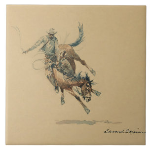 Azulejo De Cerâmica Cowboy em um Cavalo Empinando #3 por Edward Borein