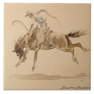 Azulejo De Cerâmica Cowboy em um Cavalo Empinando de Edward Borein