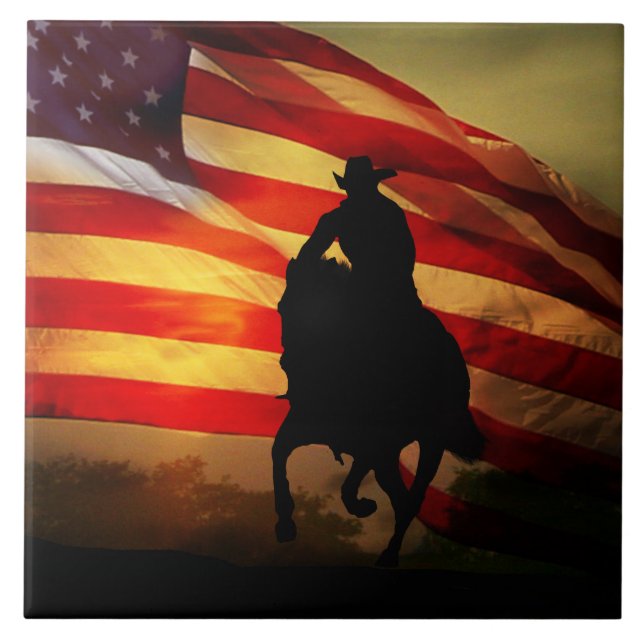 Azulejo De Cerâmica Cowboy Ocidental do País e Cavalo com Bandeira (Frente)
