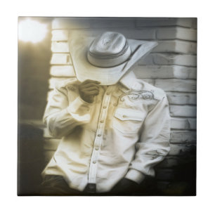 Azulejo De Cerâmica Cowboy Segurando Seu Chapéu