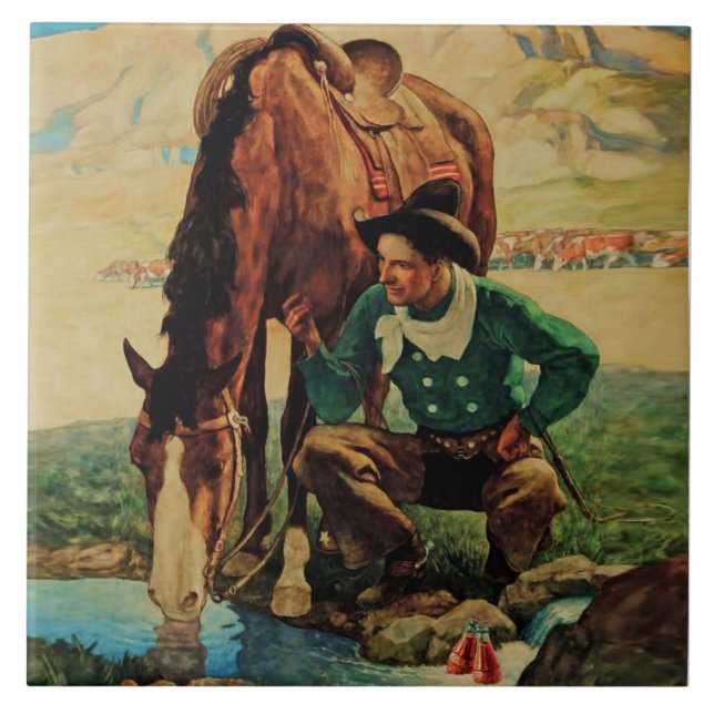 Azulejo De Cerâmica Cowboy Vigiando seu cavalo pelo NC Wyeth (Frente)