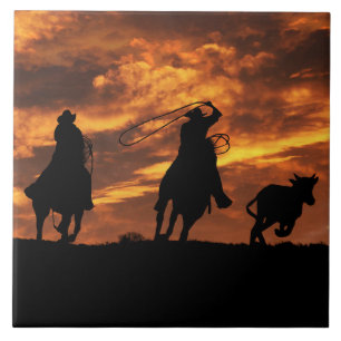 Azulejo De Cerâmica Cowboys and Horses Roping Steer