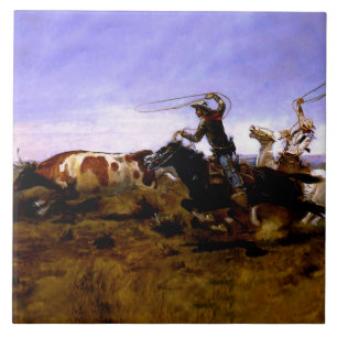 Azulejo De Cerâmica “Cowboys Roping a Steer” de Charles M Russell
