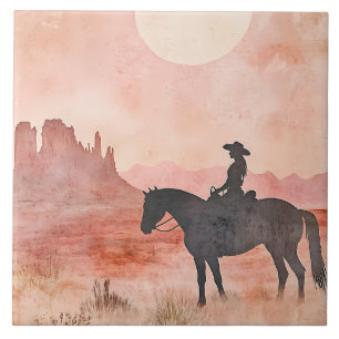 Azulejo De Cerâmica Cowgirl a Cavalo Cena do Pôr do Sol do Sudoeste Am
