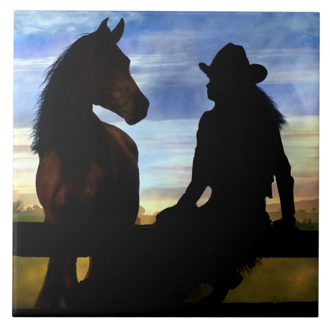Azulejo De Cerâmica Cowgirl and Horse Country Oeste (Frente)