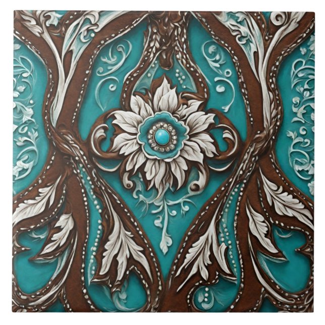 Azulejo De Cerâmica Cowgirl Brown Turquoise Ocidental (Frente)