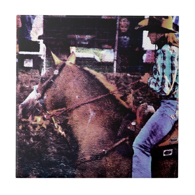 Azulejo De Cerâmica Cowgirl e Paint Horse (Frente)