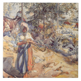 Azulejo De Cerâmica Cowgirl no Prado (Criança com Animais de Criação)