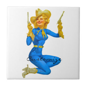 Azulejo De Cerâmica Cowgirl Thunder_Cove de Pin-up de Arranque