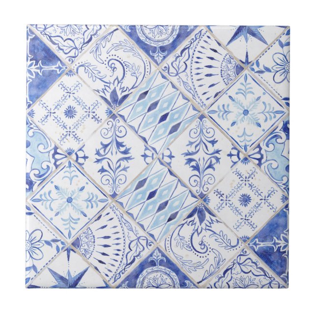 Azulejo De Cerâmica Cozinha Vintage Azul Branco (Frente)