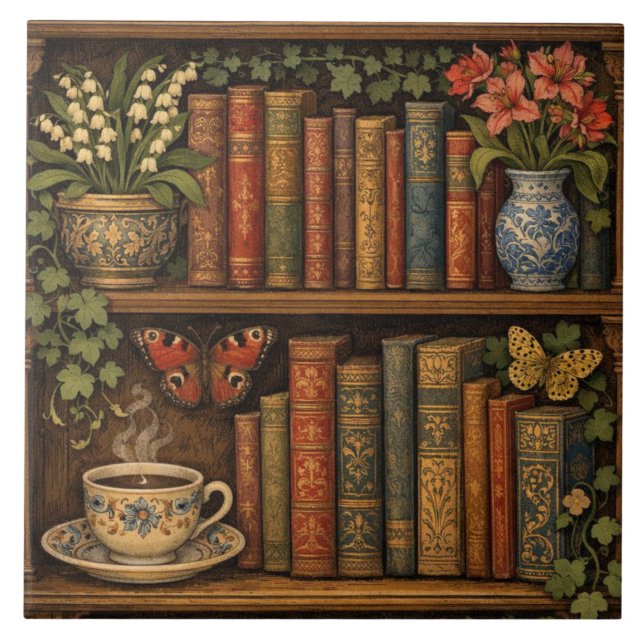 Azulejo De Cerâmica Cozy retro book shelf botanical coffee tea lover (Frente)