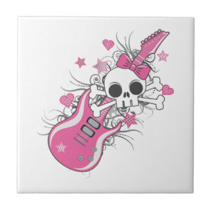 Azulejo De Cerâmica Crânio bonito com violão rosa
