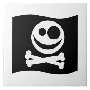 Azulejo De Cerâmica Crânio e bandeira dos Crossbones. Preto e branco.