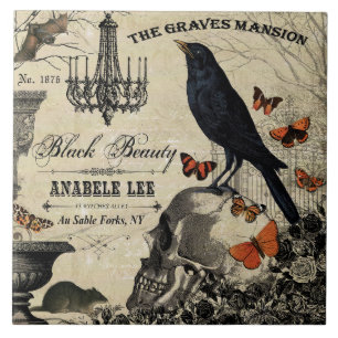 Azulejo De Cerâmica crânio e corvo de halloween