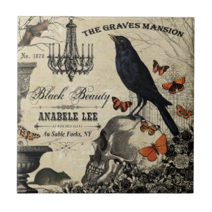 Azulejo De Cerâmica crânio e corvo de halloween