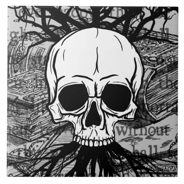 Azulejo De Cerâmica Crânio e Livros (Frente)