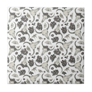 Azulejo De Cerâmica Crânio Gótico De Animais Com Padrão De Flores