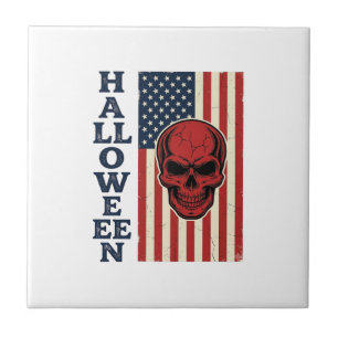 Azulejo De Cerâmica Cranio Patriótico de Halloween Bandeira Assustador