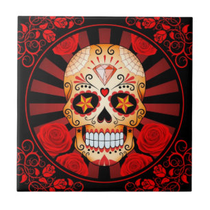 Azulejo De Cerâmica Crânio vermelho do açúcar do vintage com poster