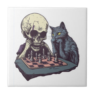 Azulejo De Cerâmica Crânio vs Gato � Batalha Divertida de Xadrez