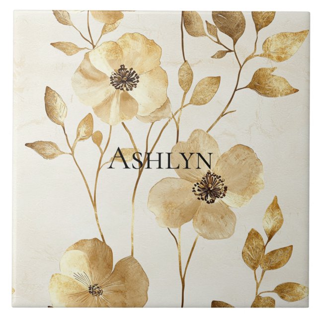 Azulejo De Cerâmica Cream Dourado Floral (Frente)