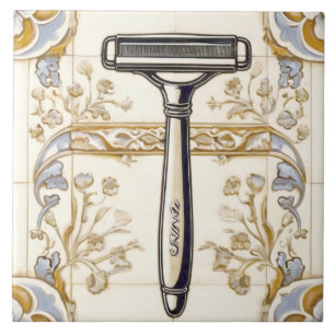 Azulejo De Cerâmica Creme Azul e Banho Dourado com Razor Shaver