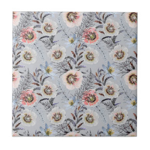 Azulejo De Cerâmica Creme, flores corais em cinzas leves