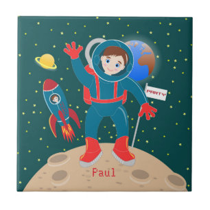 Azulejo De Cerâmica Criança astronauta na festa de aniversário da lua