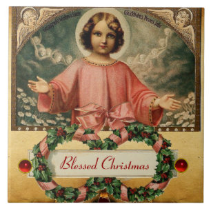 AZULEJO DE CERÂMICA  CRIANÇA JESUS COM ANJOS E COROAS DO NATAL