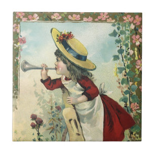 Azulejo De Cerâmica Criança Vitoriana Antiga, Menina Sopra Clarim Prad