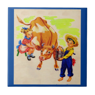 Azulejo De Cerâmica crianças adoráveis com vaca adorável