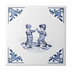 Azulejo De Cerâmica Crianças Antigas Dançando Delft Canto Azul e Branc
