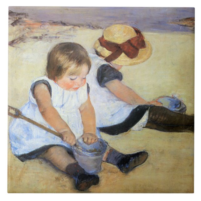 Azulejo De Cerâmica Crianças Jovens Jogando na Praia (Mary Cassatt) (Frente)