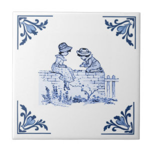 Azulejo De Cerâmica Crianças Sentadas na Cerca Delft Corner Azul e Bra