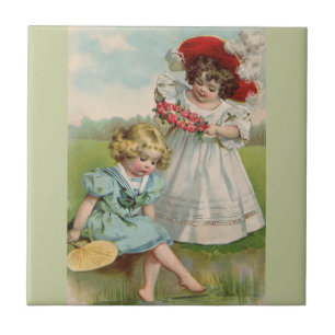 Azulejo De Cerâmica Crianças Vitorianas Jardim de Verão Vintage Menina
