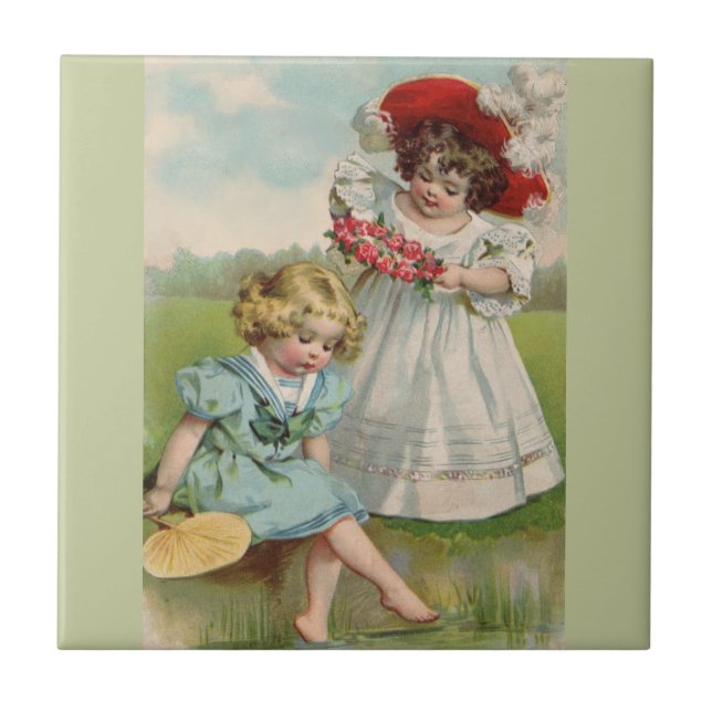 Azulejo De Cerâmica Crianças Vitorianas Jardim de Verão Vintage Menina (Frente)