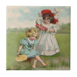 Azulejo De Cerâmica Crianças Vitorianas Jardim de Verão Vintage Menina