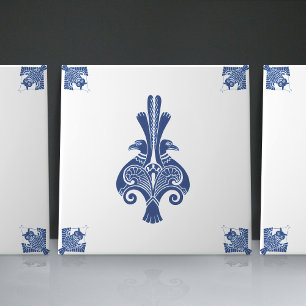 Azulejo De Cerâmica Criaturas Antigas da Art Nouveau em Azul Delft Hol