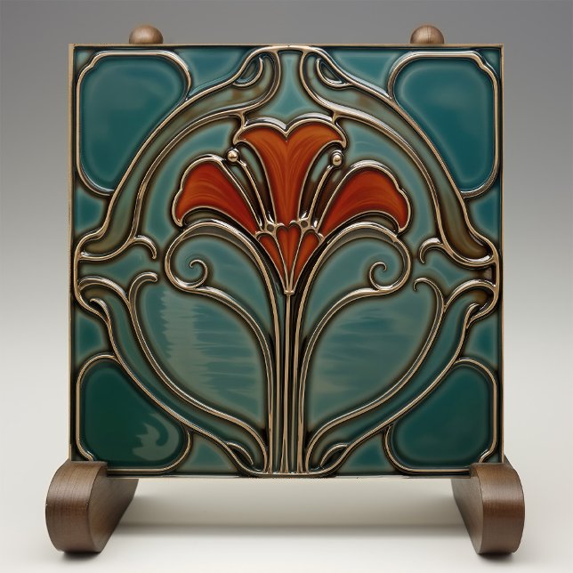 Azulejo De Cerâmica Crimson Bloom Art Nouveau (Criador carregado)
