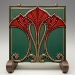 Azulejo de cerâmica Crimson Flare Art Nouveau<br><div class="desc">Libere o ousado drama da era Art Nouveau com este azulejo cerâmico marcante. Um trio de covardes e folhas de escarlate se coloca orgulhosamente contra um pano de fundo de caça profundo verde, exuando uma intensidade tão vívida quanto elegante. As linhas tensas de ouro antigo e esticado quente criam um...</div>