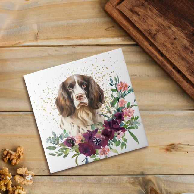 Azulejo De Cerâmica Crimson Floral Buquê Springer Spaniel Dog (Criador carregado)