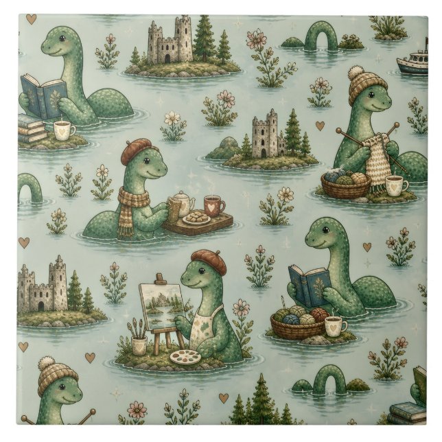 Azulejo De Cerâmica Críptidos Aconchegantes Nessie Monstro do Lago Nes (Frente)