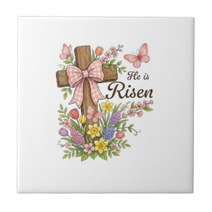 Azulejo De Cerâmica Cristão - Ele Ressuscitou Cruz Floral Religiosa Le