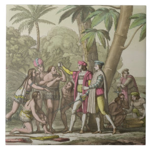 Azulejo De Cerâmica Cristóvão Colombo (1451-1506) com Ameri nativo