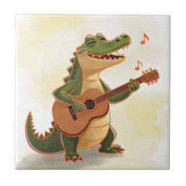 Azulejo De Cerâmica Crocodilo Rockeiros com Guitarra – Divertido Anima