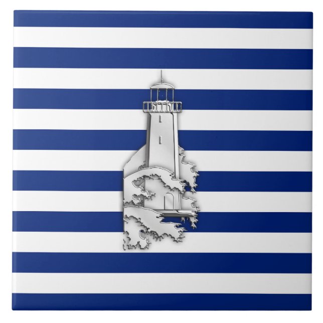 Azulejo De Cerâmica Cromo como Farol em Stripes Náuticas (Frente)