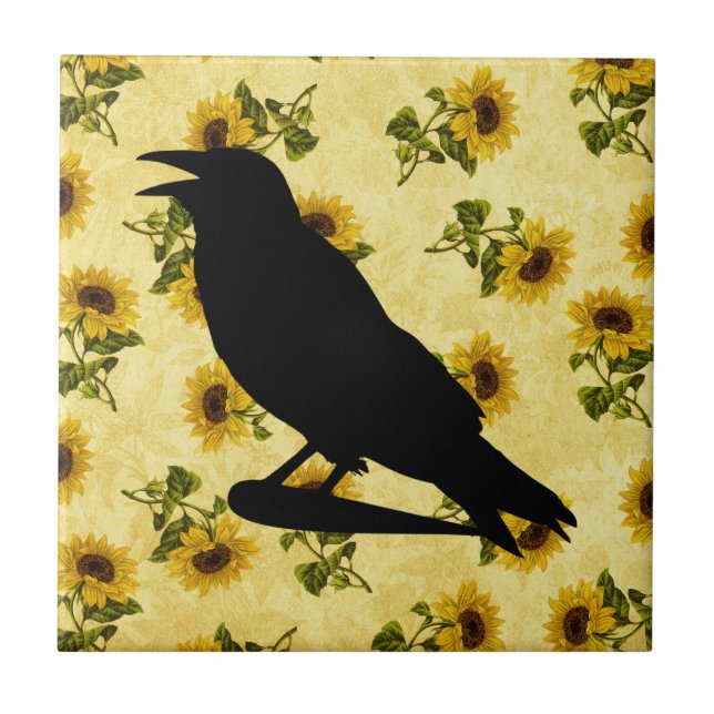 Azulejo De Cerâmica Crow em Girassóis (Frente)