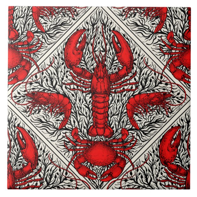 Azulejo De Cerâmica Crustáceos a vermelho, preto e marfim (Frente)