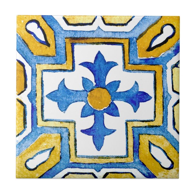 Azulejo De Cerâmica cruz azul-aquática mediterrânica (Frente)