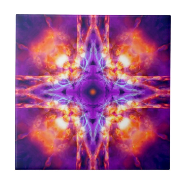 Azulejo De Cerâmica Cruz caleidoscópio roxo e laranja (Frente)